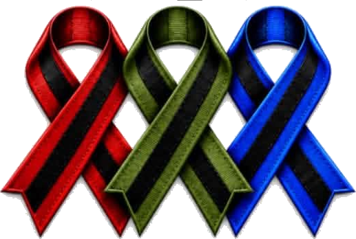 Three Memorial Hero Ribbons, red, green and blue, each with a black center stripe